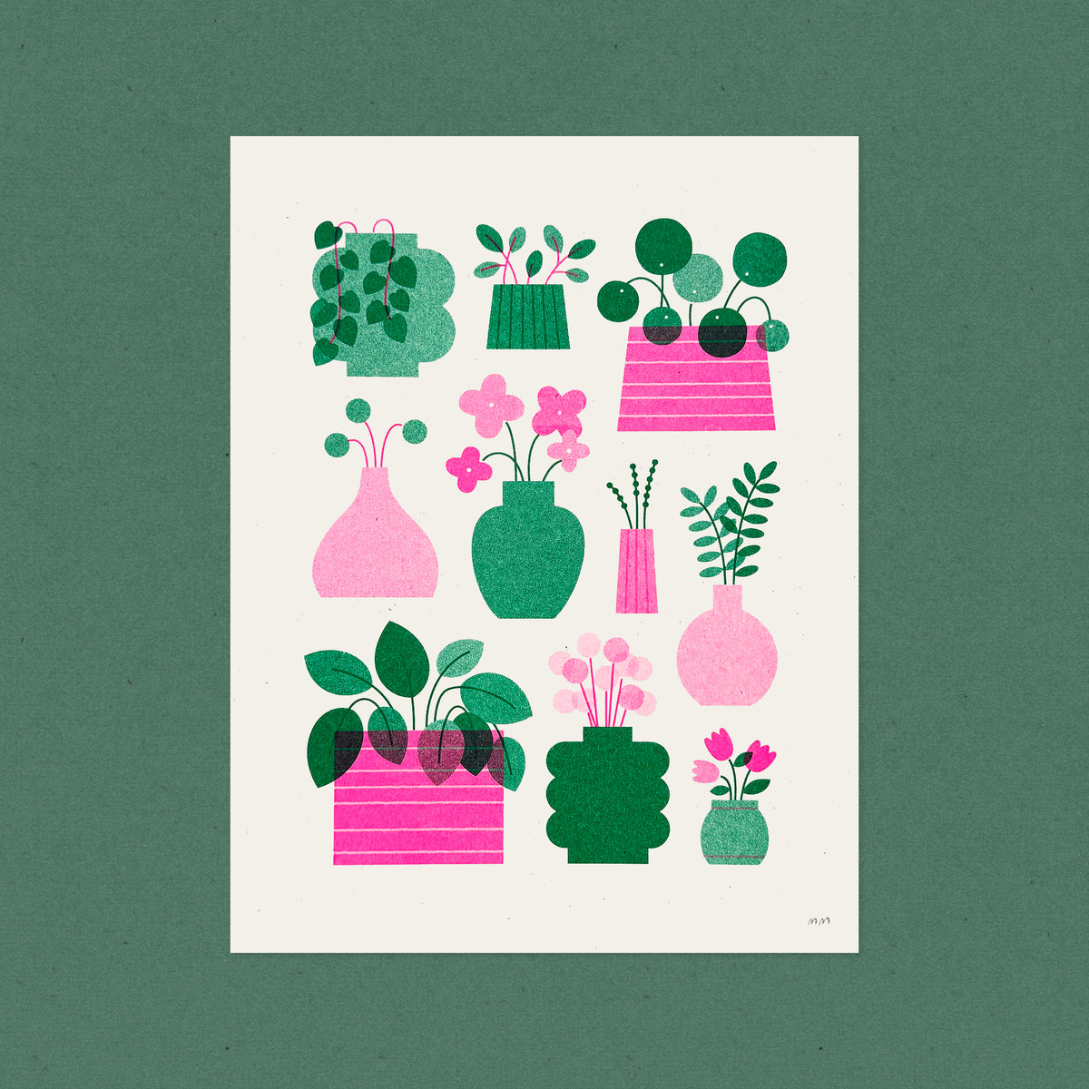 Houseplants - Risograph Art Print in Pink & Green