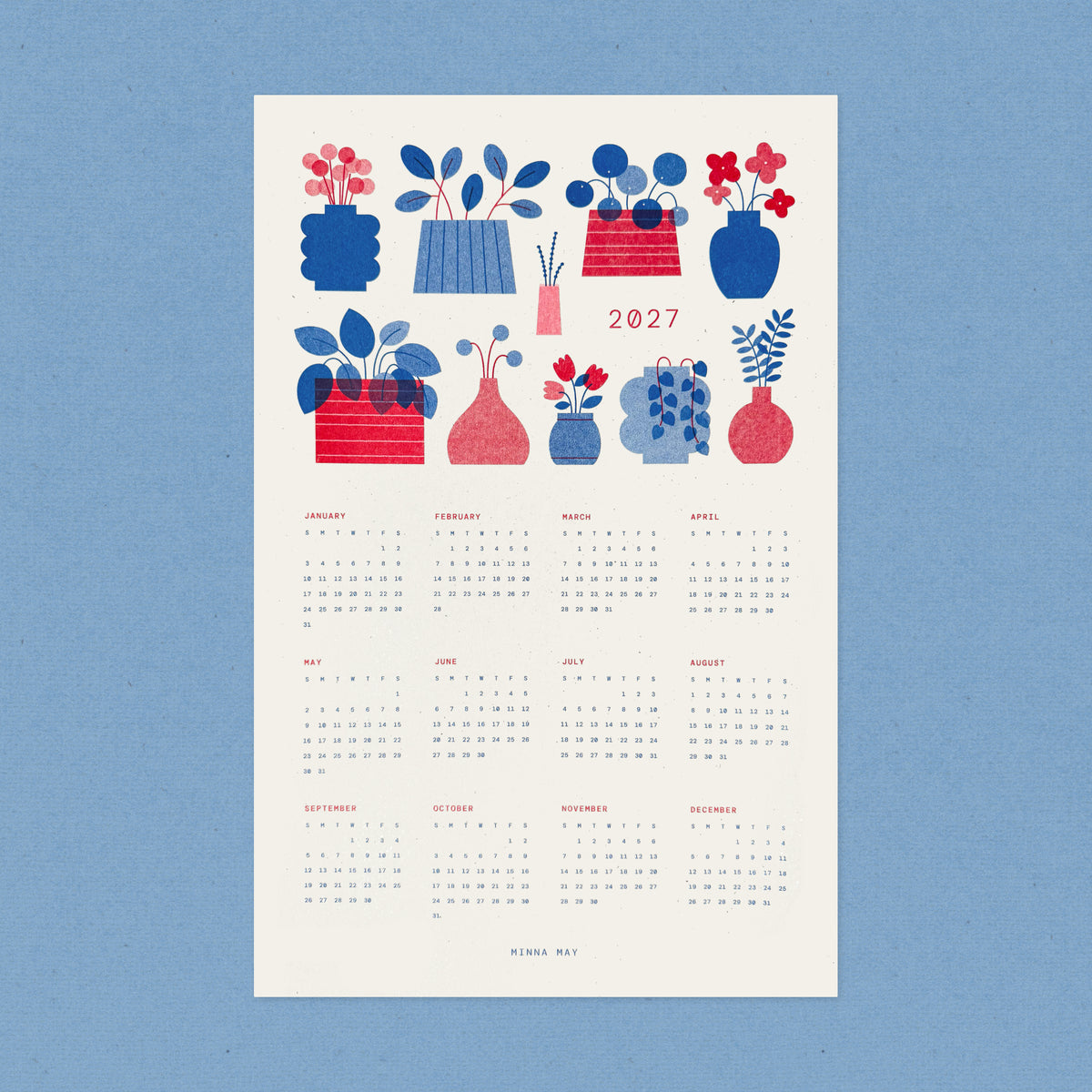 2027 Full Year Risograph Calendar Print - Houseplants - Red/Blue