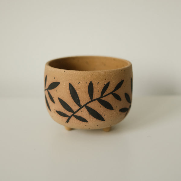 Hand Painted Leaves Speckled Planter Pot - 3.75 x 3"
