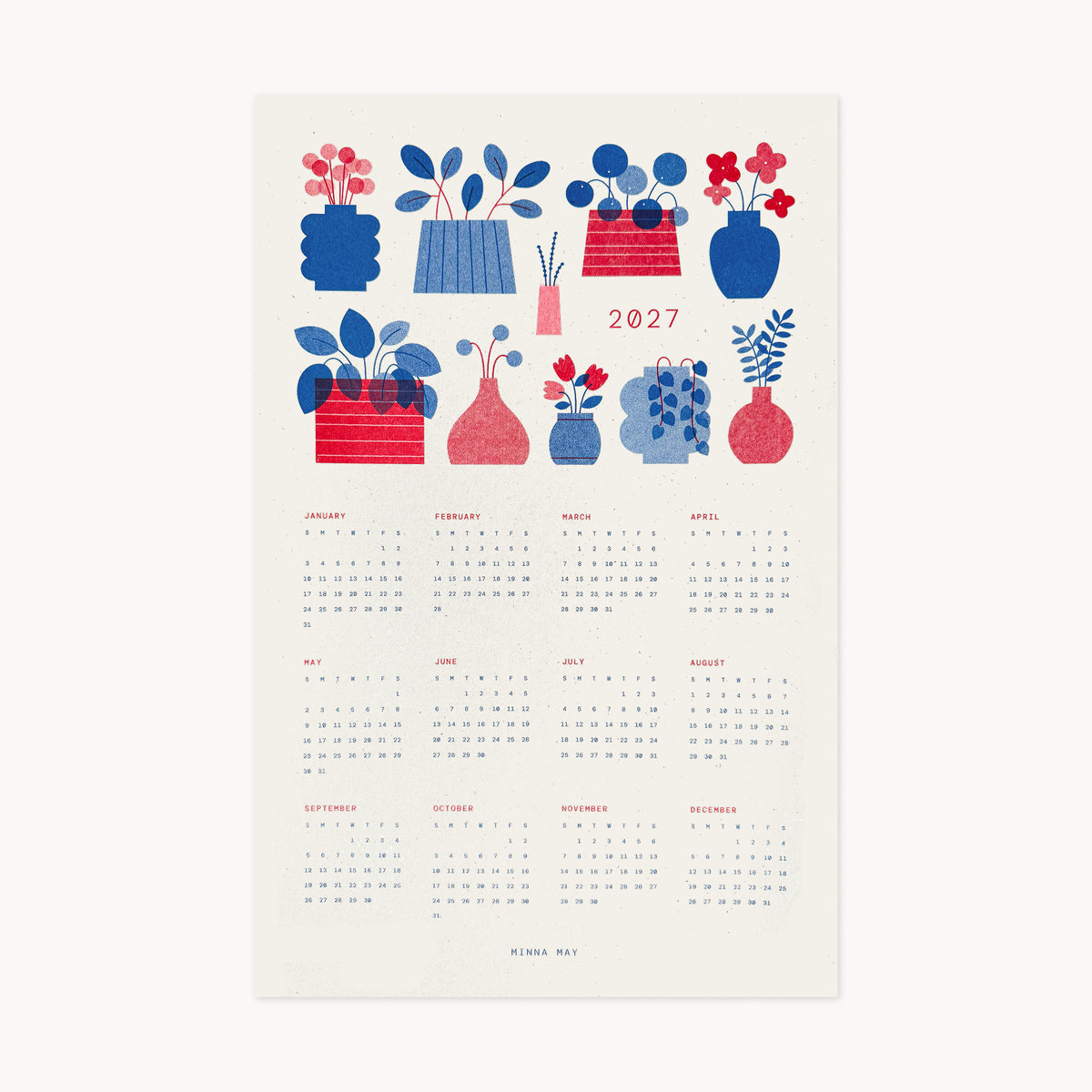 A minimalist modern risographh printed 2027 yearly calendar art print featuring a collection of stylized potted houseplants and vases in shades of vibrant blue and red on a cream-colored speckled paper. Some plants include pothos, pilea, tulips, flowers, and more. Calendar is formatted as a year at a glance view with a grid of 12 months. Designed by Minna May.
