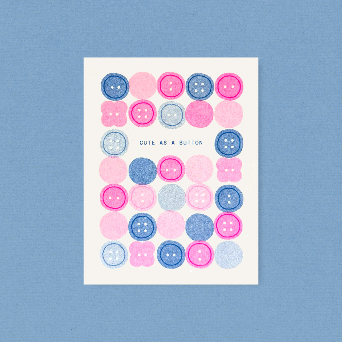 Cute as a Button - New Baby Risograph Card - Pink/Blue