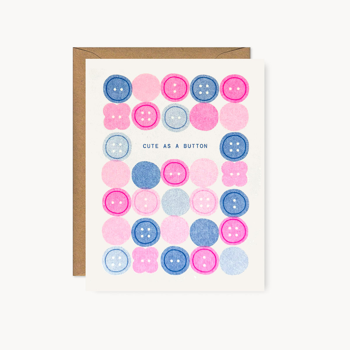 Cute as a Button - New Baby Risograph Card - Pink/Blue