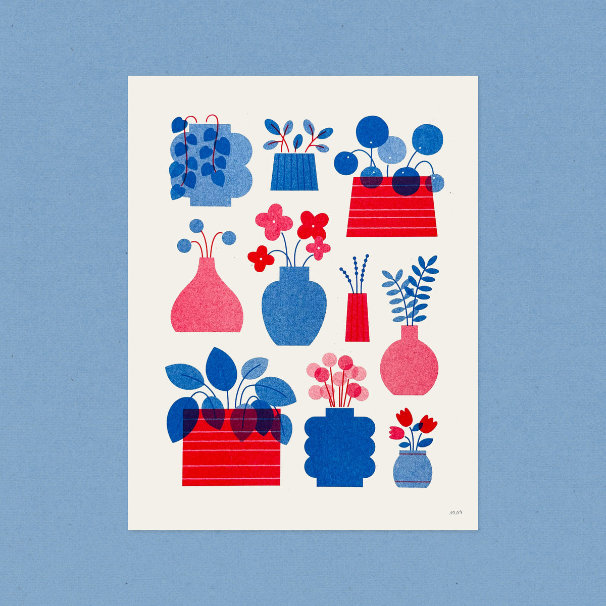 Houseplants - Risograph Art Print in Red & Blue