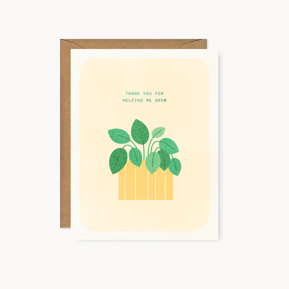 Whimsical botanical risograph thank you card printed with green and yellow vegetable-based inks, featuring a leafy green plant in a striped orange pot on a soft peach background. The words "Thank You For Helping Me Grow" appear above, and a kraft envelope is included. A delightful handmade card from Seattle, WA by Minna May.