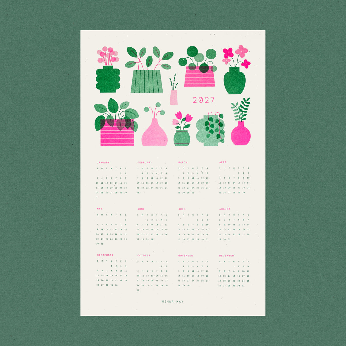 2027 Full Year Risograph Calendar Print - Houseplants - Pink/Green