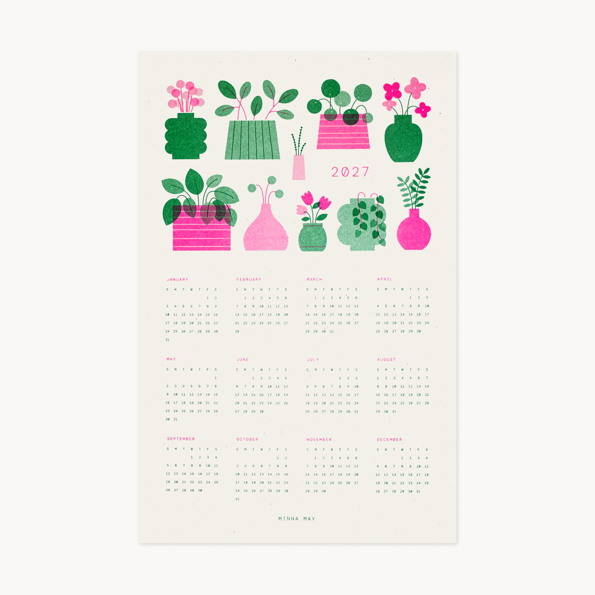 A minimalist modern risographh printed 2027 yearly calendar art print featuring a collection of stylized potted houseplants and vases in shades of vibrant blue and red on a cream-colored speckled paper. Some plants include pothos, pilea, tulips, flowers, and more. Calendar is formatted as a year at a glance view with a grid of 12 months. Designed by Minna May.