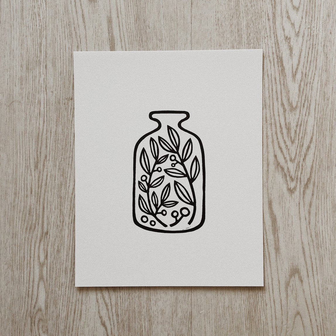 Jar of Plants - Linocut Art Print