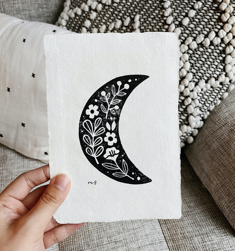 Crescent Moon - Linocut Art Print
